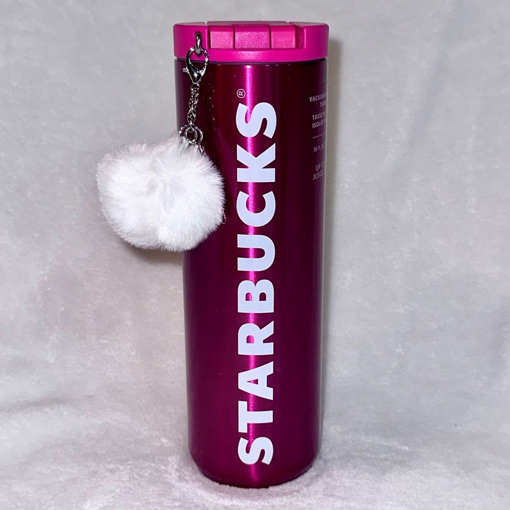 Starbucks Holiday 2023 Pink Tumbler with Pom Pom Charm Keychain 16 oz